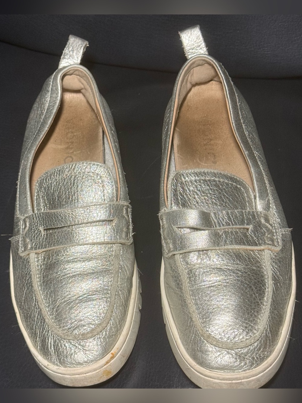 Vionic Uptown Shoes Silver Metallic Penny Loafer White Rubber Lug Sole Comfort 7